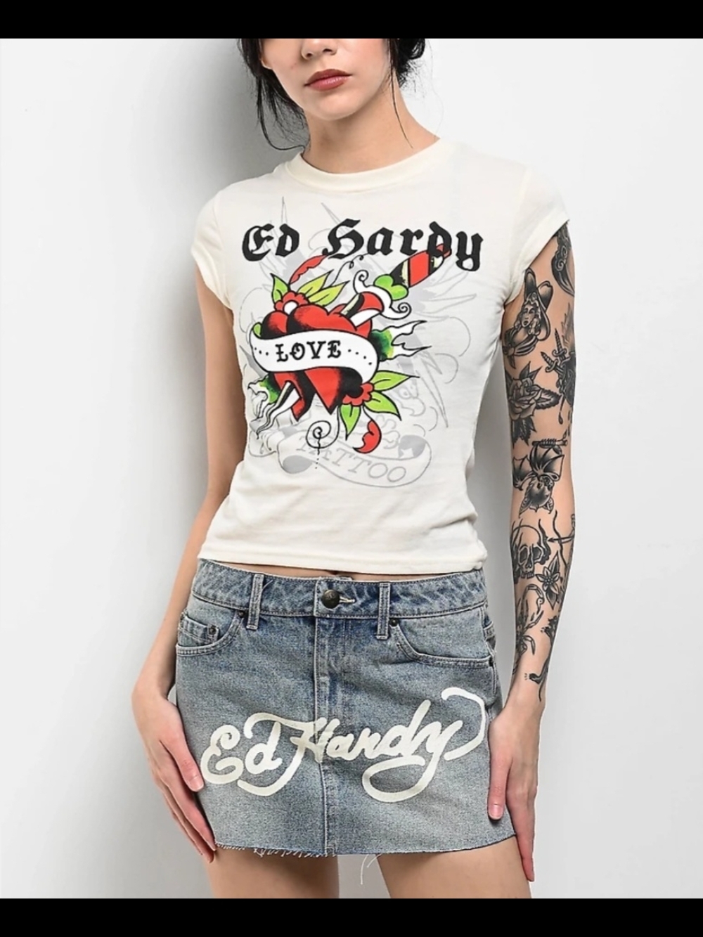 Ed Hardy Ivory Heart and Dagger Graphic Baby Tee